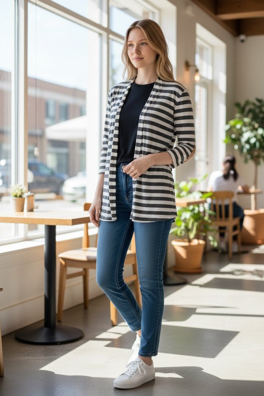 Myobe Cardigan Elbow Patches Gray White Striped S Casual Chic Academia Boho